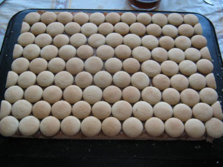 svetlý, tenší korpus natrieme džemom a poukládame piškóty omočené v rume s prevarenou vychladnutou vodou, poukladať môžete na striedačku alebo rovnomerne