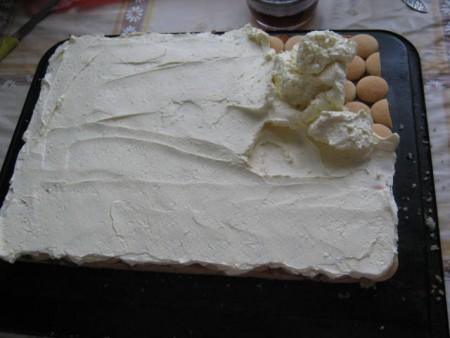 v 2 dcl vody som uvarila banánový puding, nechala vychladnúť, vyšľahala som 1 heru s 20 dkg práškového cukru a zašľahala banánovu zmes, pridala troška rumu a natrela na piškóty, použiť môžete akýkoľvek puding, prípadne ochutený zlatý klas,